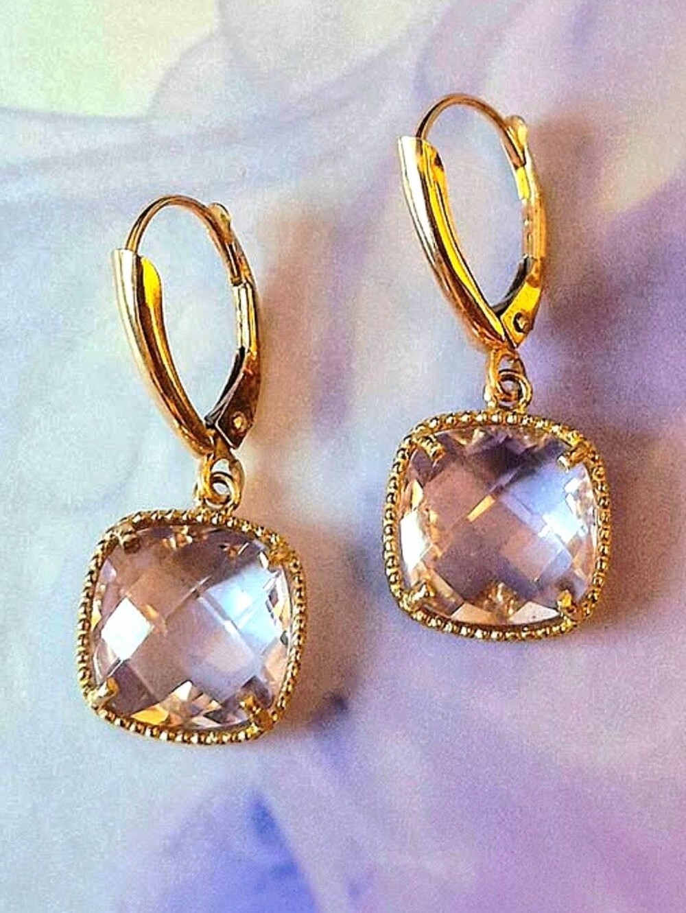 New Timeless * 10K Gold Cushion Cut Large Pink Amethyst* Huggie Earrings